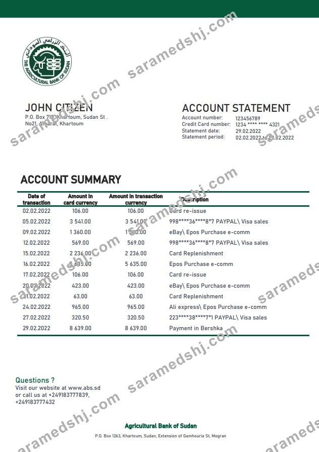 Sudan Agricultural Bank of Sudan bank statement